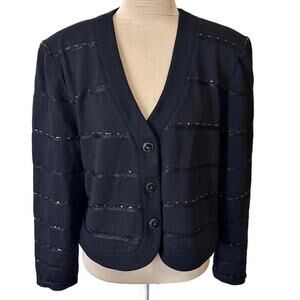 Vintage Y2K St. John Evenings Black Beaded Stripe Knit Jacket Luxury Couture